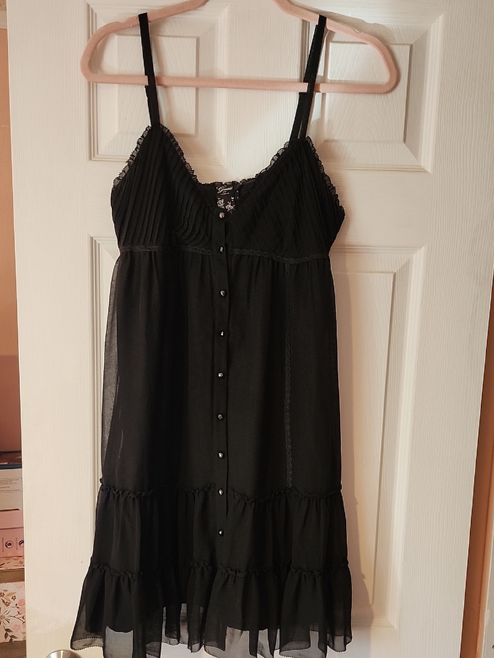 Guess Black Sheer Button-Front Slip Dress with Ruffle Hem
